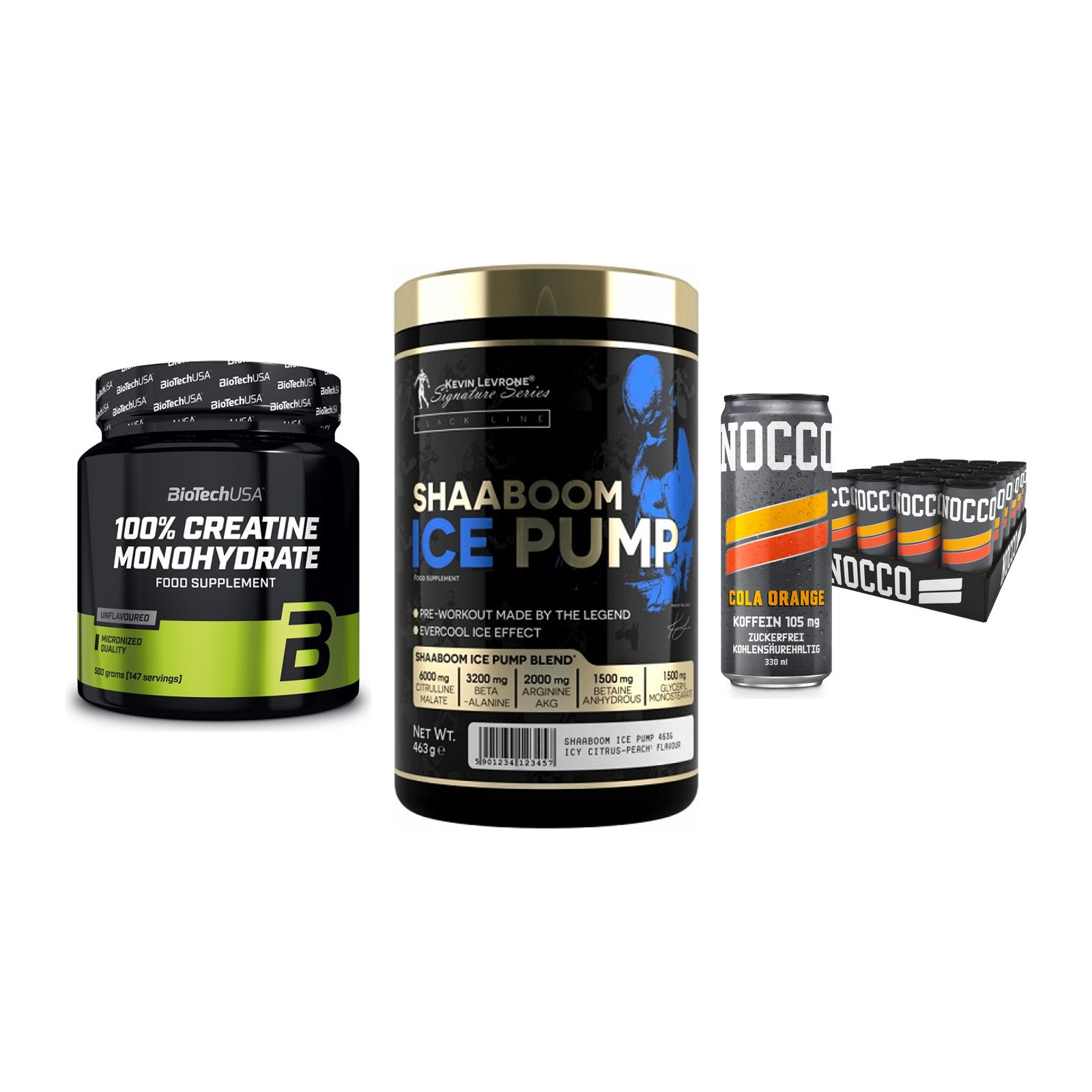 Kraft-Stack: BioTech Creatine + Kevin Levrone + Nocco BCAA Drink – alle enthaltenen Artikel