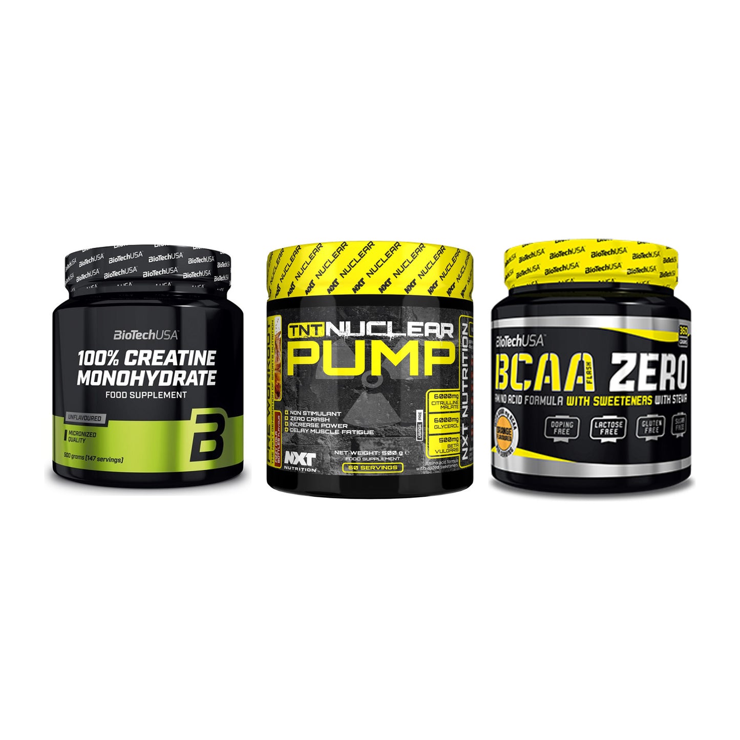 Kraft-Stack: BioTech Creatine + NXT Nutrition TNT + BioTech BCAA Zero – alle enthaltenen Artikel