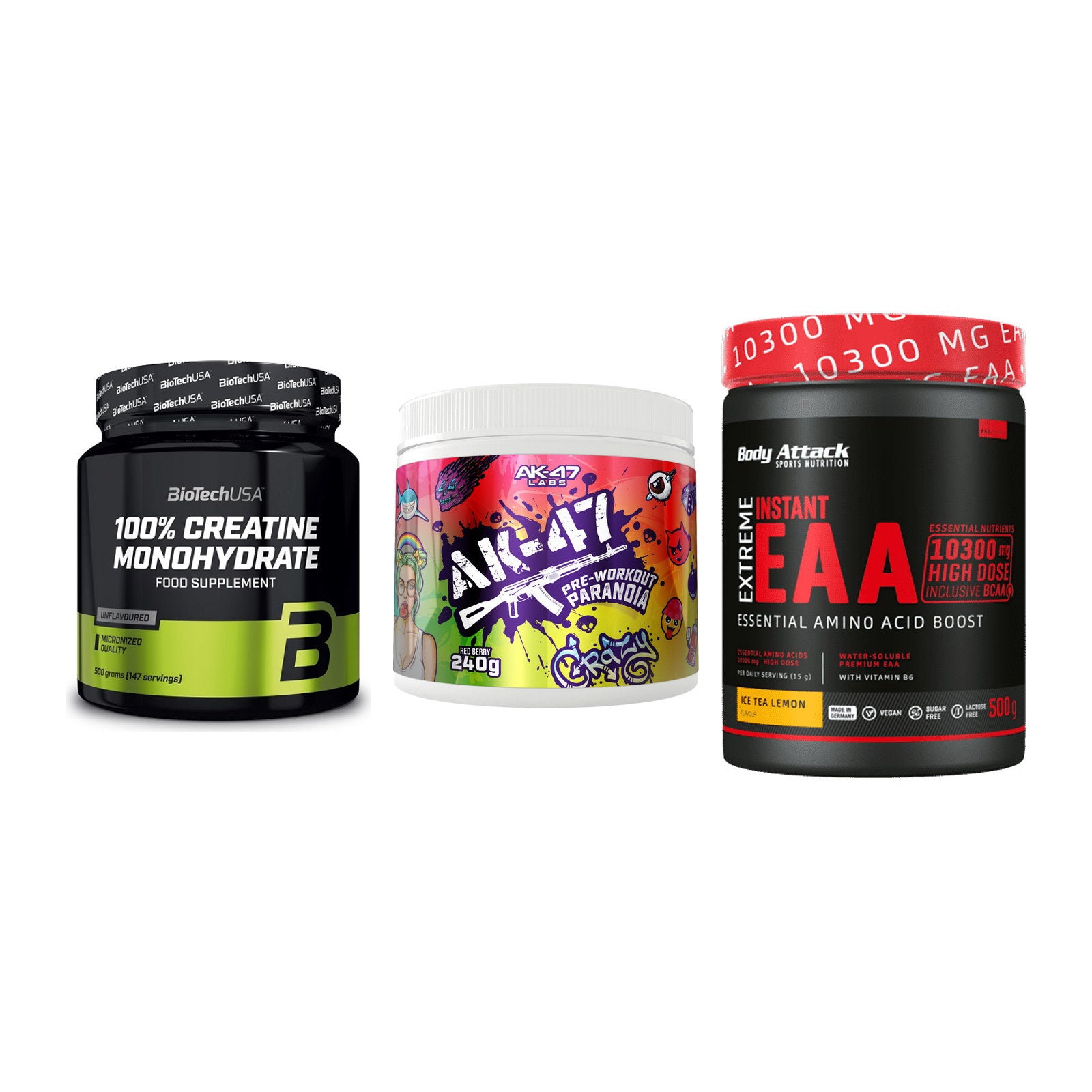Kraft-Stack: BioTech Creatine + AK47 Labs + Body Attack – alle enthaltenen Artikel