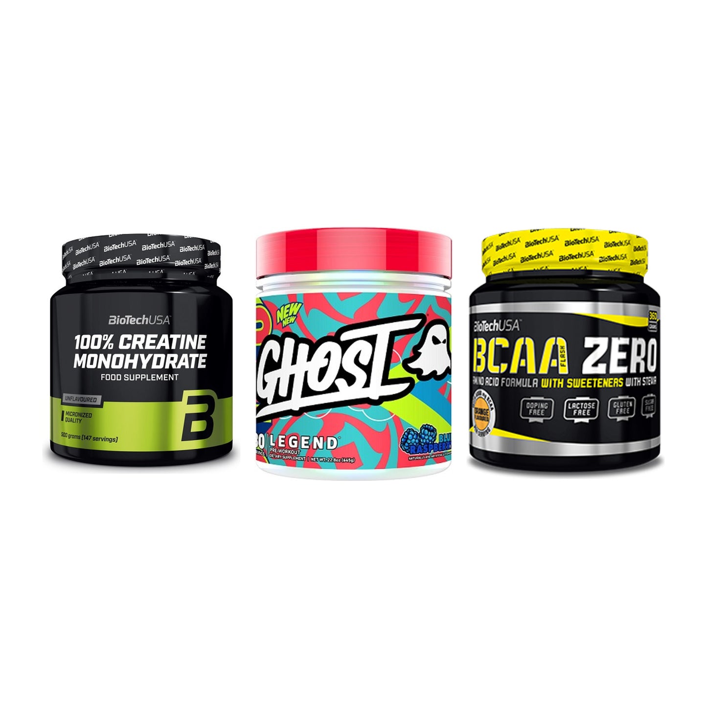 Kraft-Stack: BioTech Creatine + Ghost Legend V4 + BioTech BCAA Zero – alle enthaltenen Artikel
