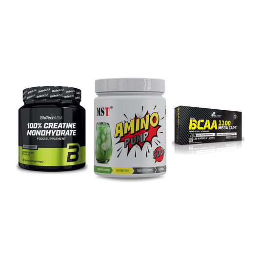 Kraft-Stack: BioTech Creatine + MST Amino Pump + Olimp BCAA Mega – alle enthaltenen Artikel