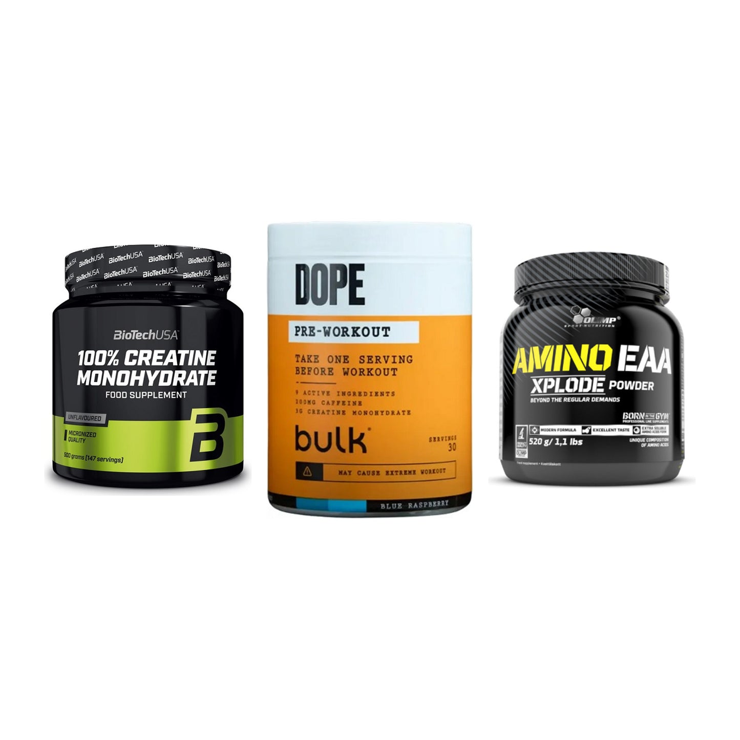 Kraft-Stack: BioTech Creatine + Bulk Dope + Olimp Amino EAA – alle enthaltenen Artikel