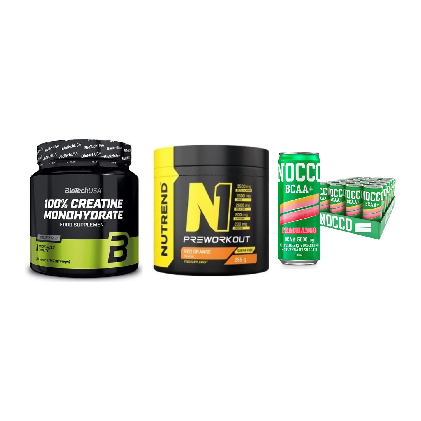 Kraft-Stack: BioTech Creatine + Nutrend N1 + Nocco BCAA Drink – alle enthaltenen Artikel
