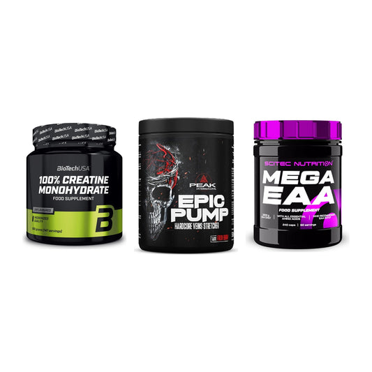 Kraft-Stack: BioTech Creatine + Peak EPIC Pump + Scitec Mega EAA – alle enthaltenen Artikel