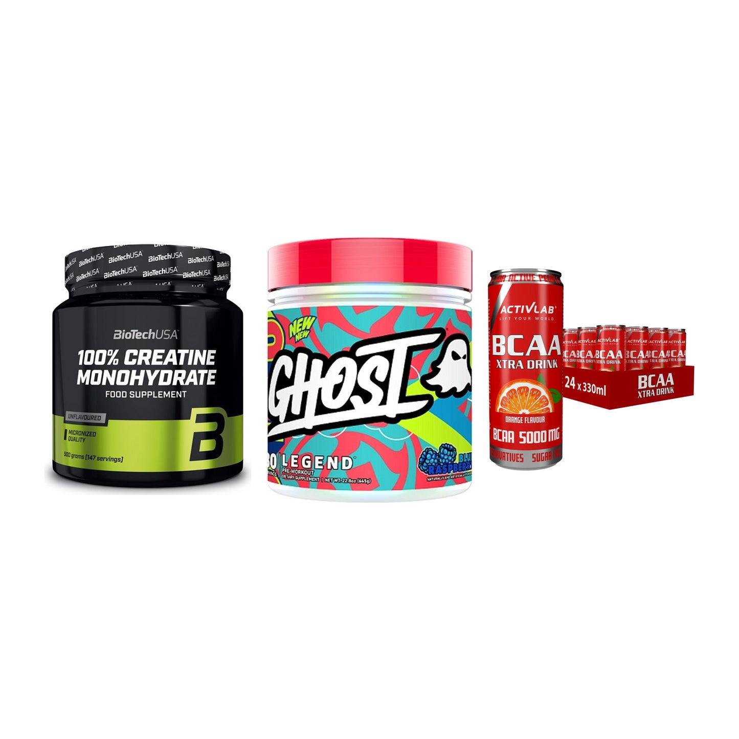 Kraft-Stack: BioTech Creatine + Ghost Legend V4 + Activlab BCAA – alle enthaltenen Artikel