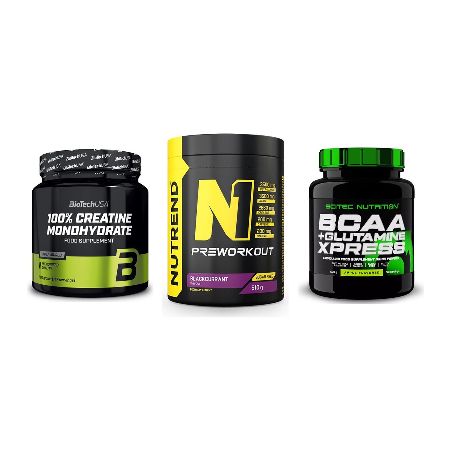 Kraft-Stack: BioTech Creatine + Nutrend N1 + Scitec BCAA – alle enthaltenen Artikel