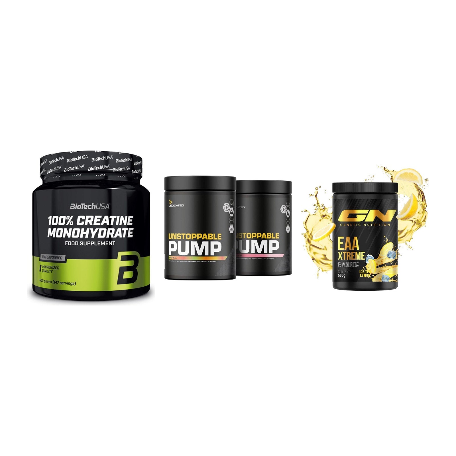 Kraft-Stack: BioTech Creatine + Dedicated + GN EAA Xtreme – alle enthaltenen Artikel
