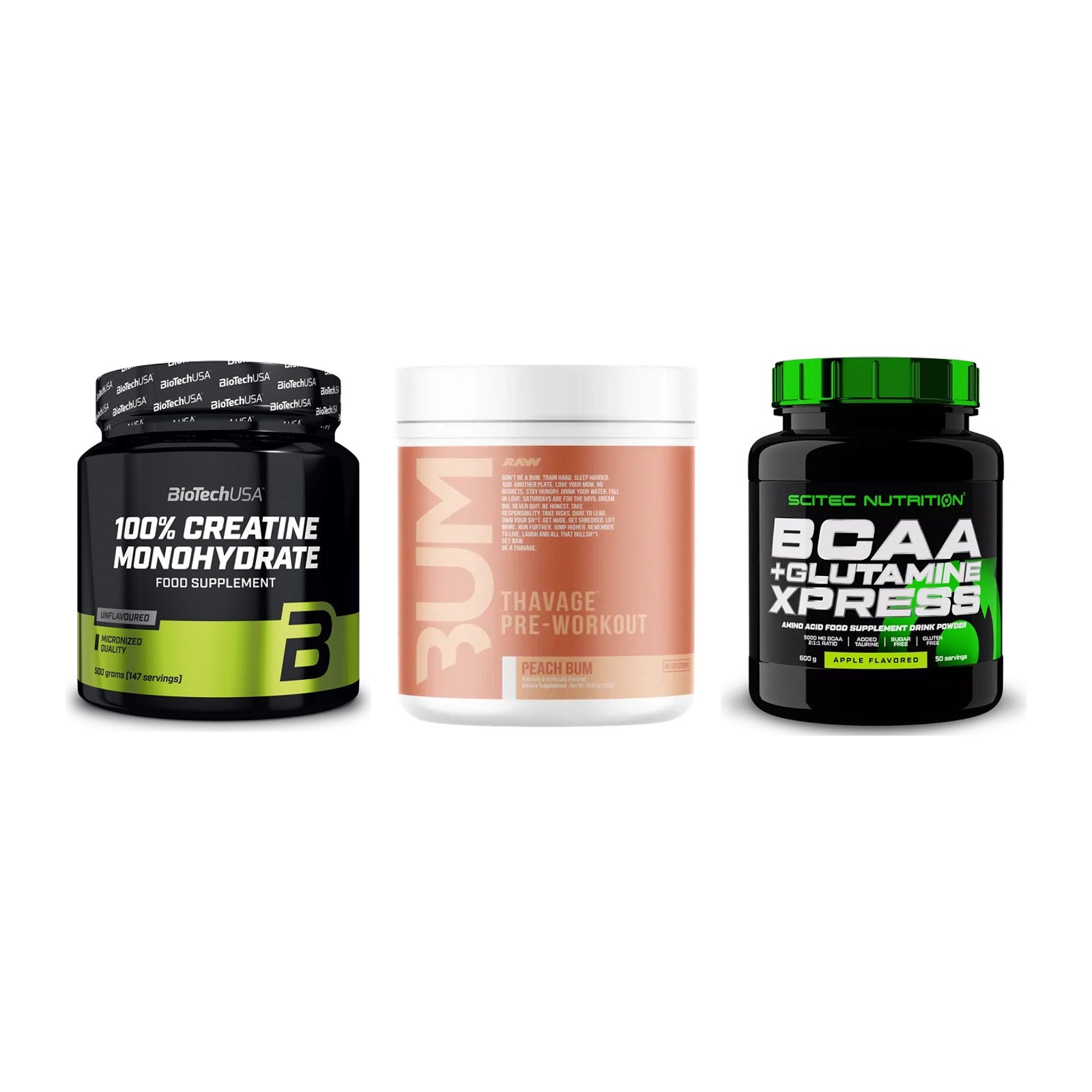 Kraft-Stack: BioTech Creatine + RAW Nutrition + Scitec BCAA – alle enthaltenen Artikel