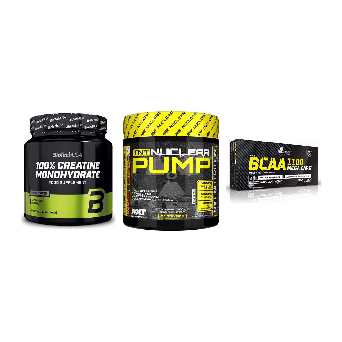 Kraft-Stack: BioTech Creatine + NXT Nutrition TNT + Olimp BCAA Mega – alle enthaltenen Artikel
