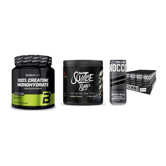 Kraft-Stack: BioTech Creatine + #GYMJUICE SUIZIDE + Nocco BCAA Drink – alle enthaltenen Artikel