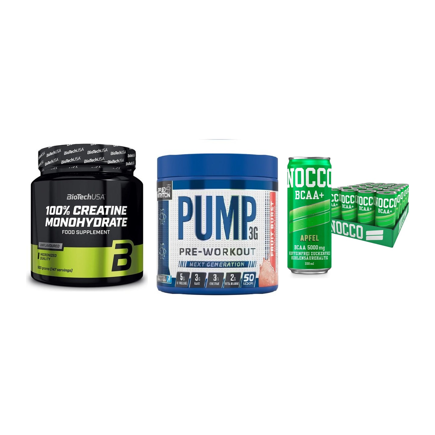 Kraft-Stack: BioTech Creatine + Applied Nutrition + Nocco BCAA Drink – alle enthaltenen Artikel