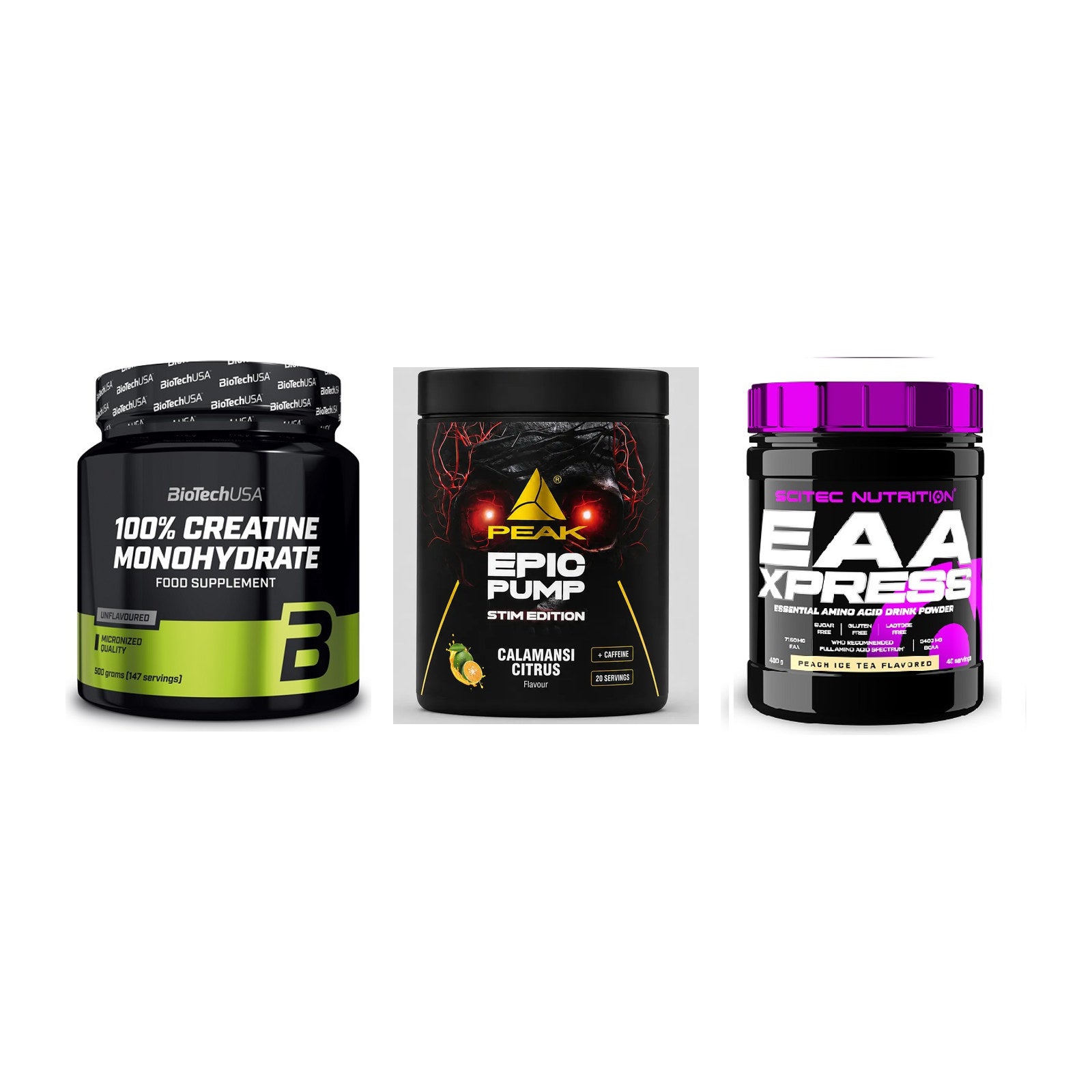 Kraft-Stack: BioTech Creatine + Peak Epic Pump + Scitec EAA Xpress – alle enthaltenen Artikel