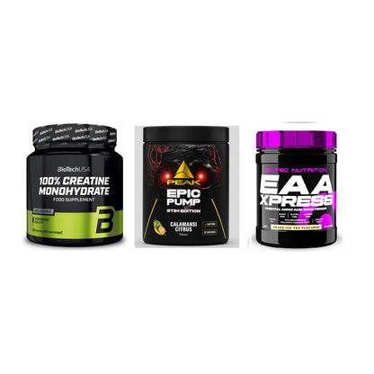 Kraft-Stack: BioTech Creatine + Peak Epic Pump + Scitec EAA Xpress – alle enthaltenen Artikel