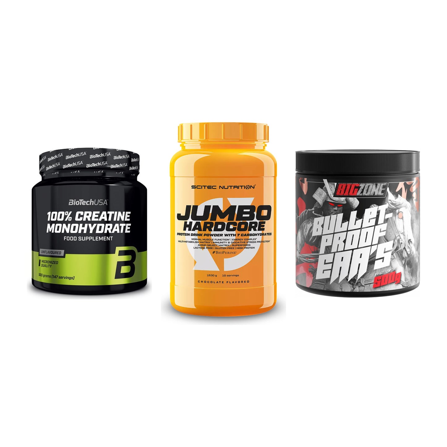 Kraft-Stack: BioTech Creatine + Scitec Jumbo + Big Zone Bulletpr – alle enthaltenen Artikel