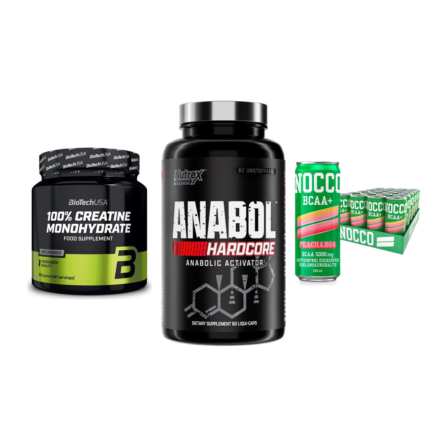 Kraft-Stack: BioTech Creatine + Nutrex Anabol + Nocco BCAA Drink – alle enthaltenen Artikel