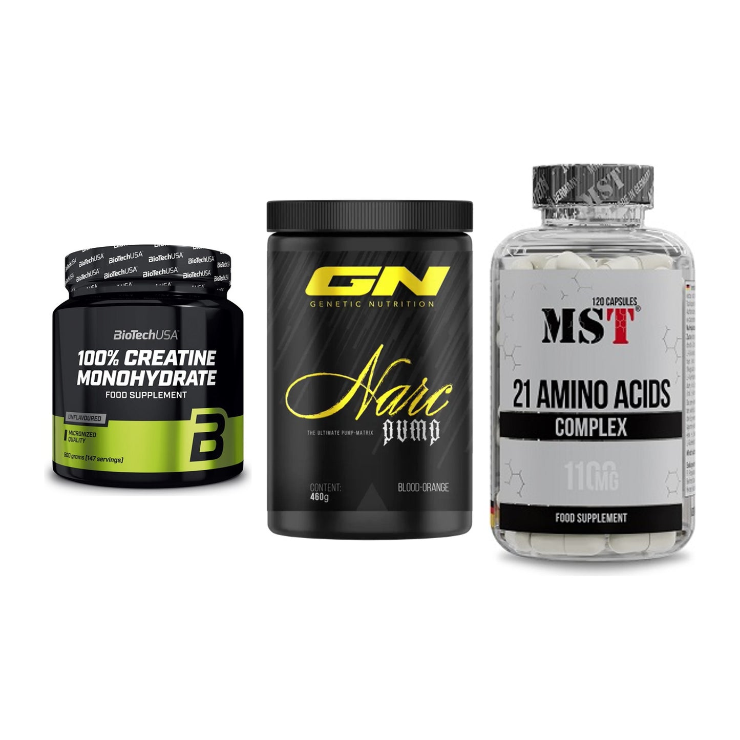 Kraft-Stack: BioTech Creatine + GN Narc Pump + MST 21 Amino – alle enthaltenen Artikel