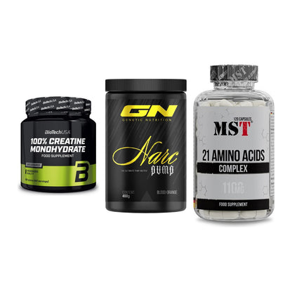 Kraft-Stack: BioTech Creatine + GN Narc Pump + MST 21 Amino – alle enthaltenen Artikel
