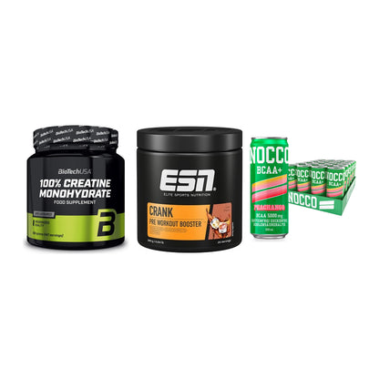 Kraft-Stack: BioTech Creatine + ESN Crank Booster + Nocco BCAA Drink – alle enthaltenen Artikel