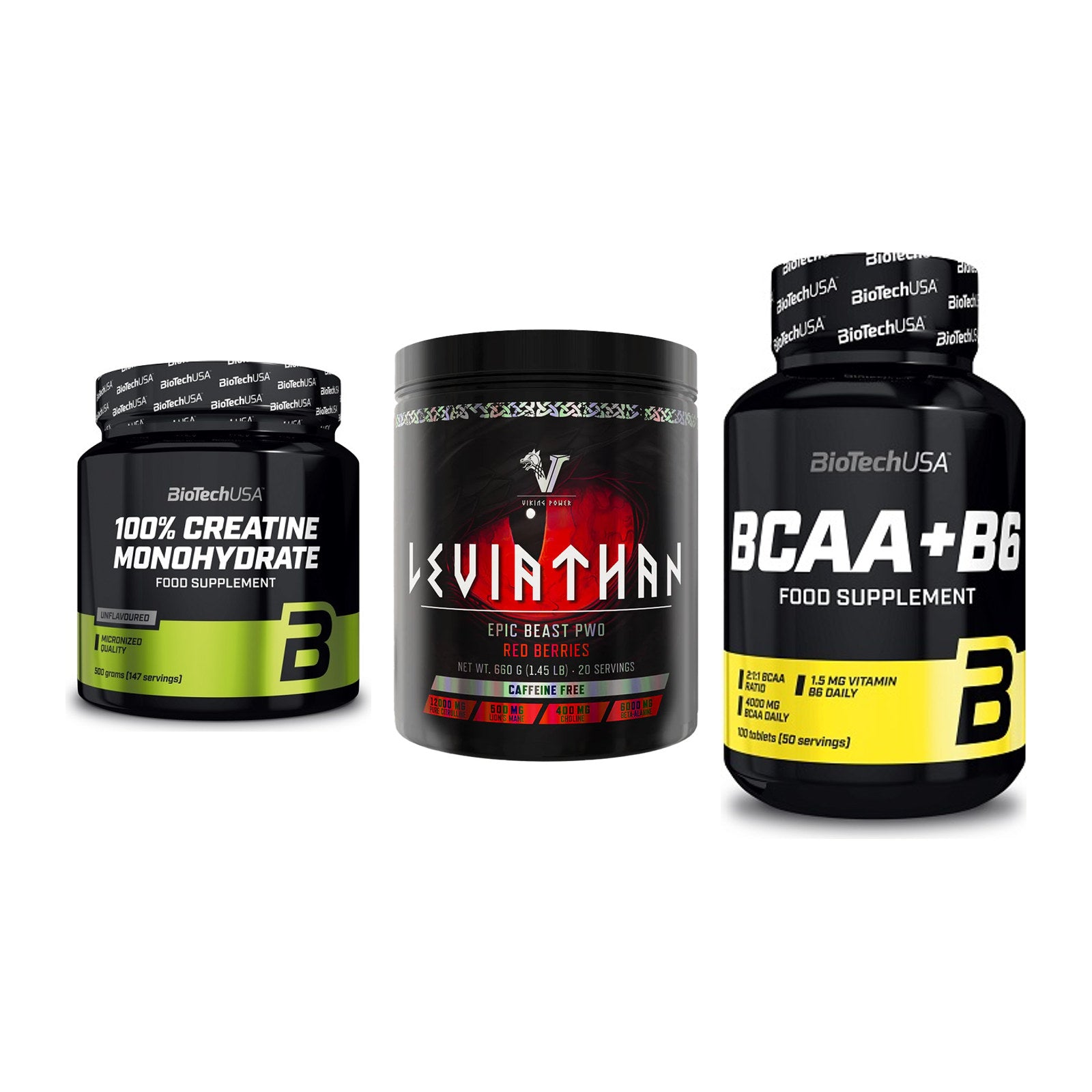 Kraft-Stack: BioTech Creatine + Viking Power + BioTech BCAA+B6 – alle enthaltenen Artikel