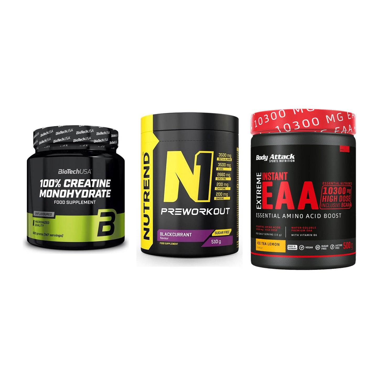 Kraft-Stack: BioTech Creatine + Nutrend N1 + Body Attack – alle enthaltenen Artikel