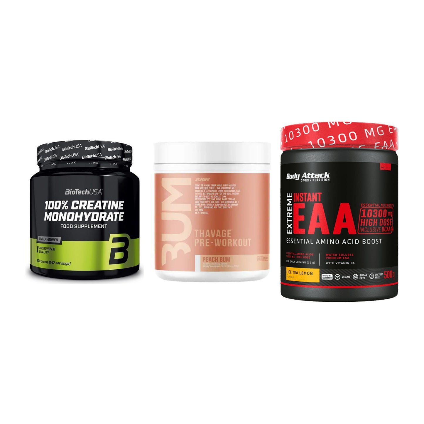 Kraft-Stack: BioTech Creatine + RAW Nutrition + Body Attack – alle enthaltenen Artikel