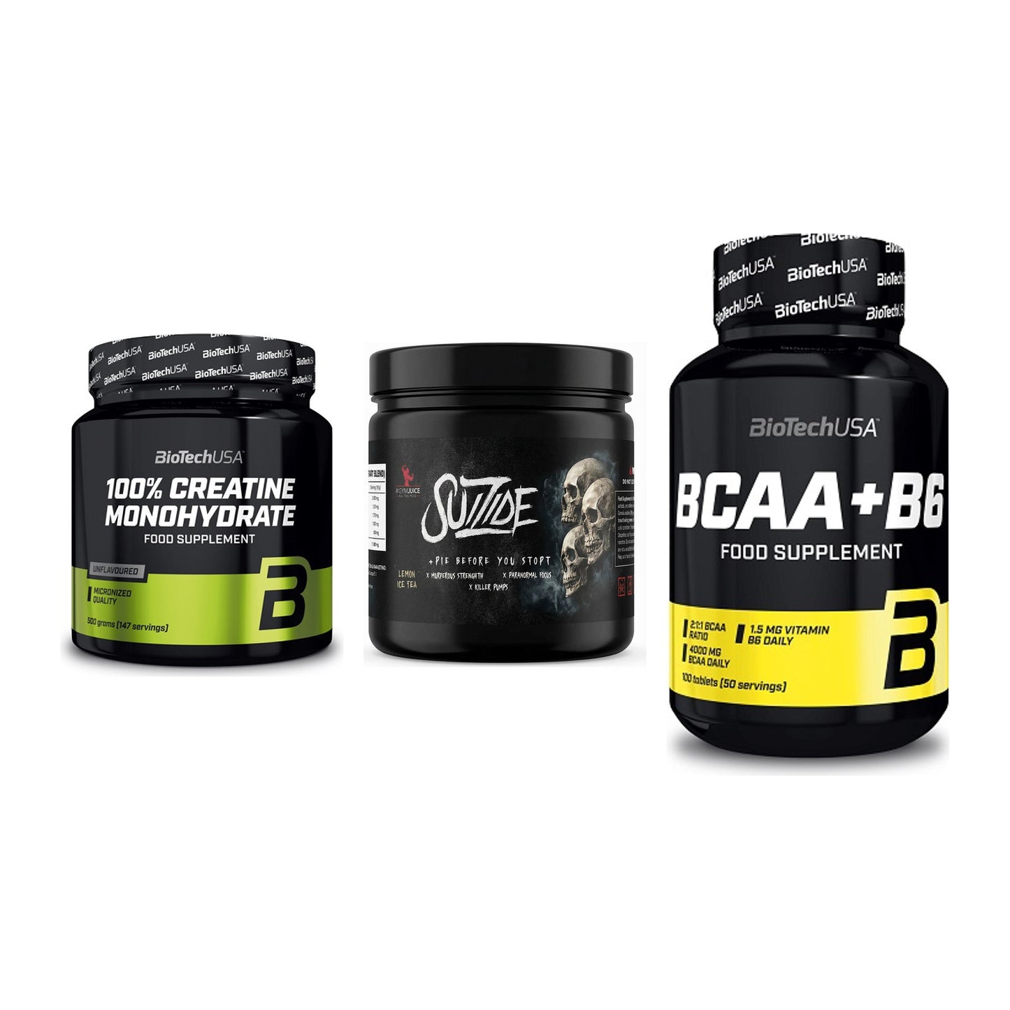 Kraft-Stack: BioTech Creatine + #GYMJUICE SUIZIDE + BioTech BCAA+B6 – alle enthaltenen Artikel
