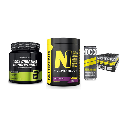Kraft-Stack: BioTech Creatine + Nutrend N1 + Nocco BCAA Drink – alle enthaltenen Artikel