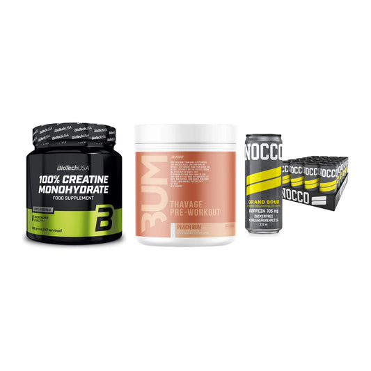 Kraft-Stack: BioTech Creatine + RAW Nutrition + Nocco BCAA Drink – alle enthaltenen Artikel