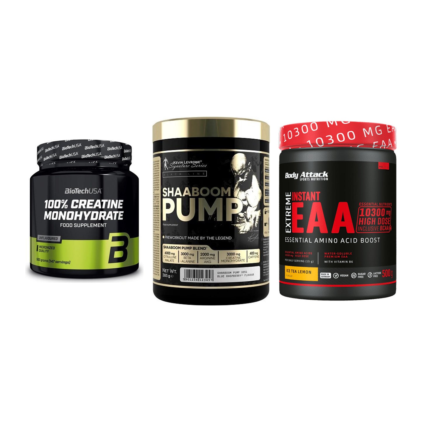 Kraft-Stack: BioTech Creatine + Kevin Levrone + Body Attack – alle enthaltenen Artikel
