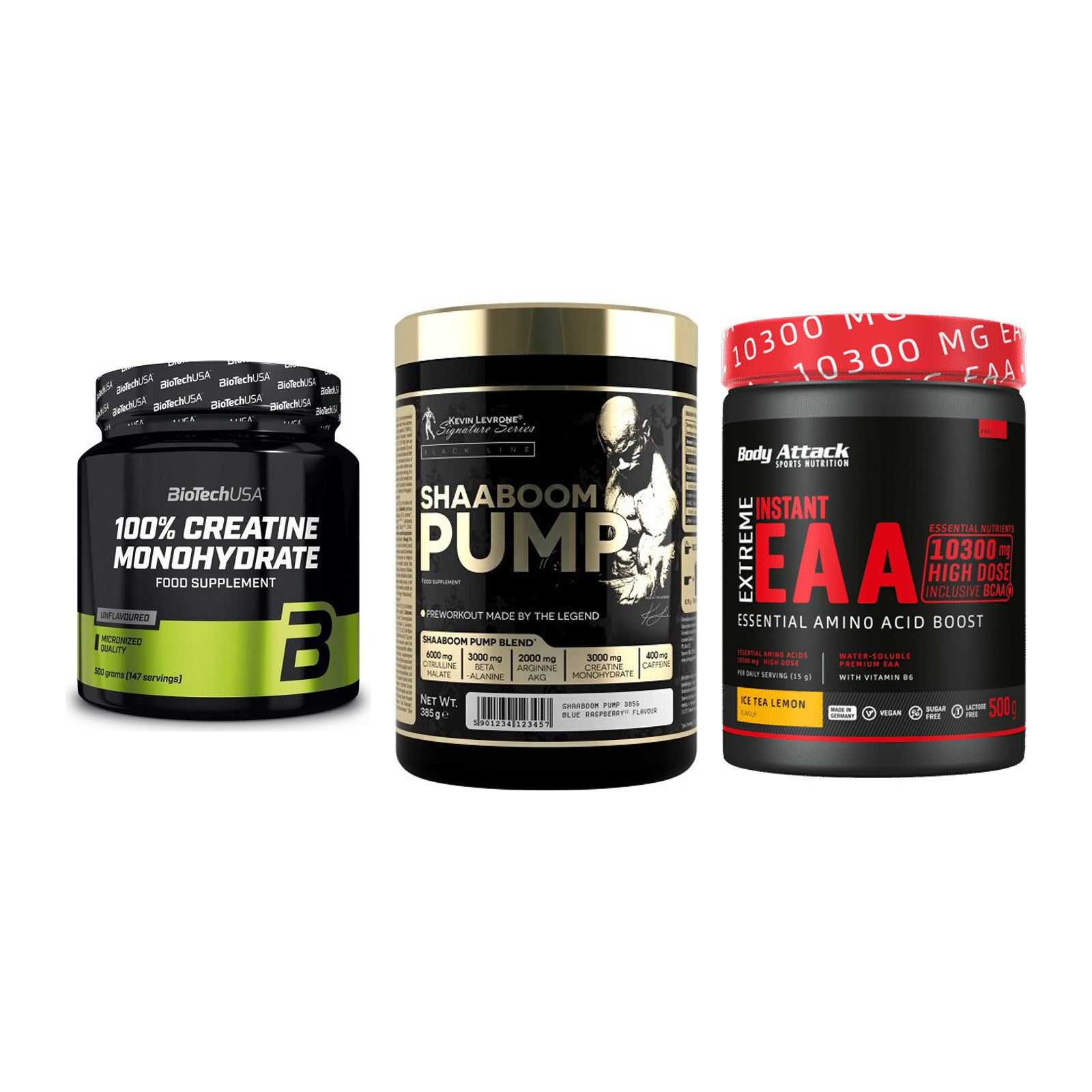 Kraft-Stack: BioTech Creatine + Kevin Levrone + Body Attack – alle enthaltenen Artikel