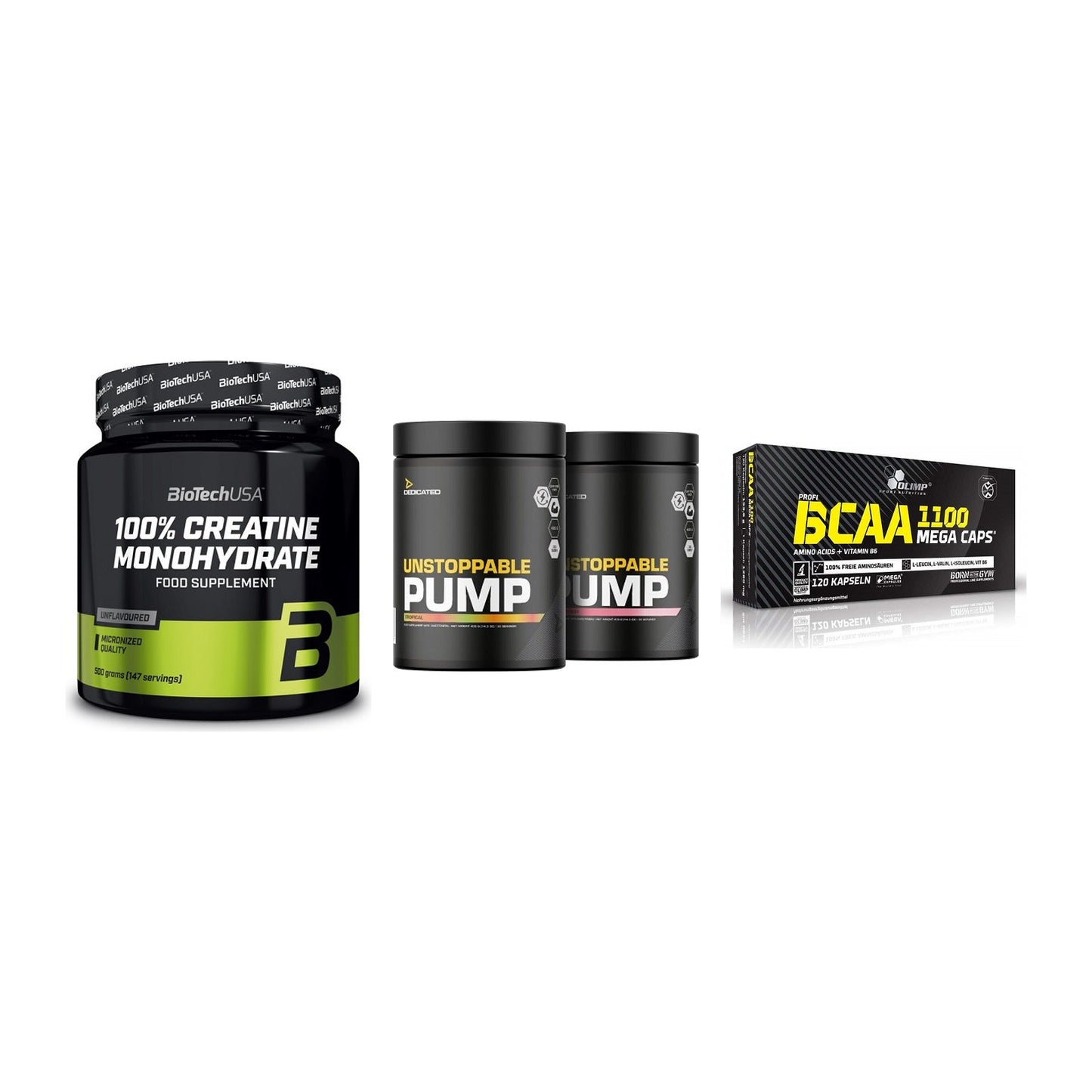 Kraft-Stack: BioTech Creatine + Dedicated + Olimp BCAA Mega – alle enthaltenen Artikel