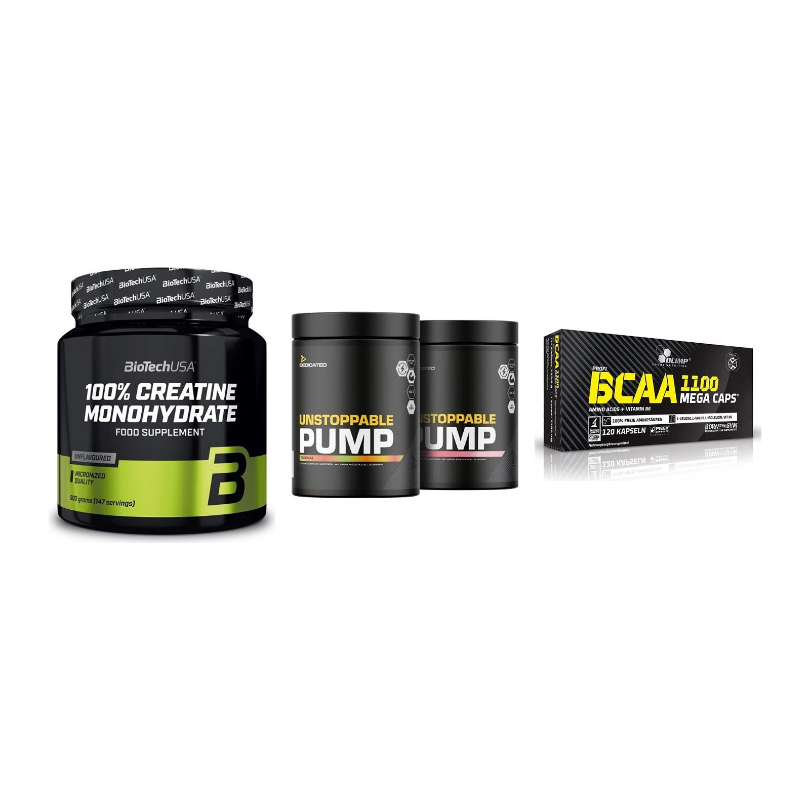 Kraft-Stack: BioTech Creatine + Dedicated + Olimp BCAA Mega – alle enthaltenen Artikel