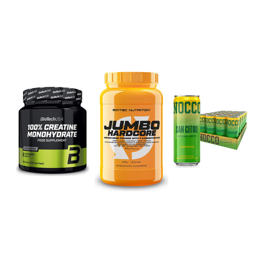 Kraft-Stack: BioTech Creatine + Scitec Jumbo + Nocco BCAA Drink – alle enthaltenen Artikel