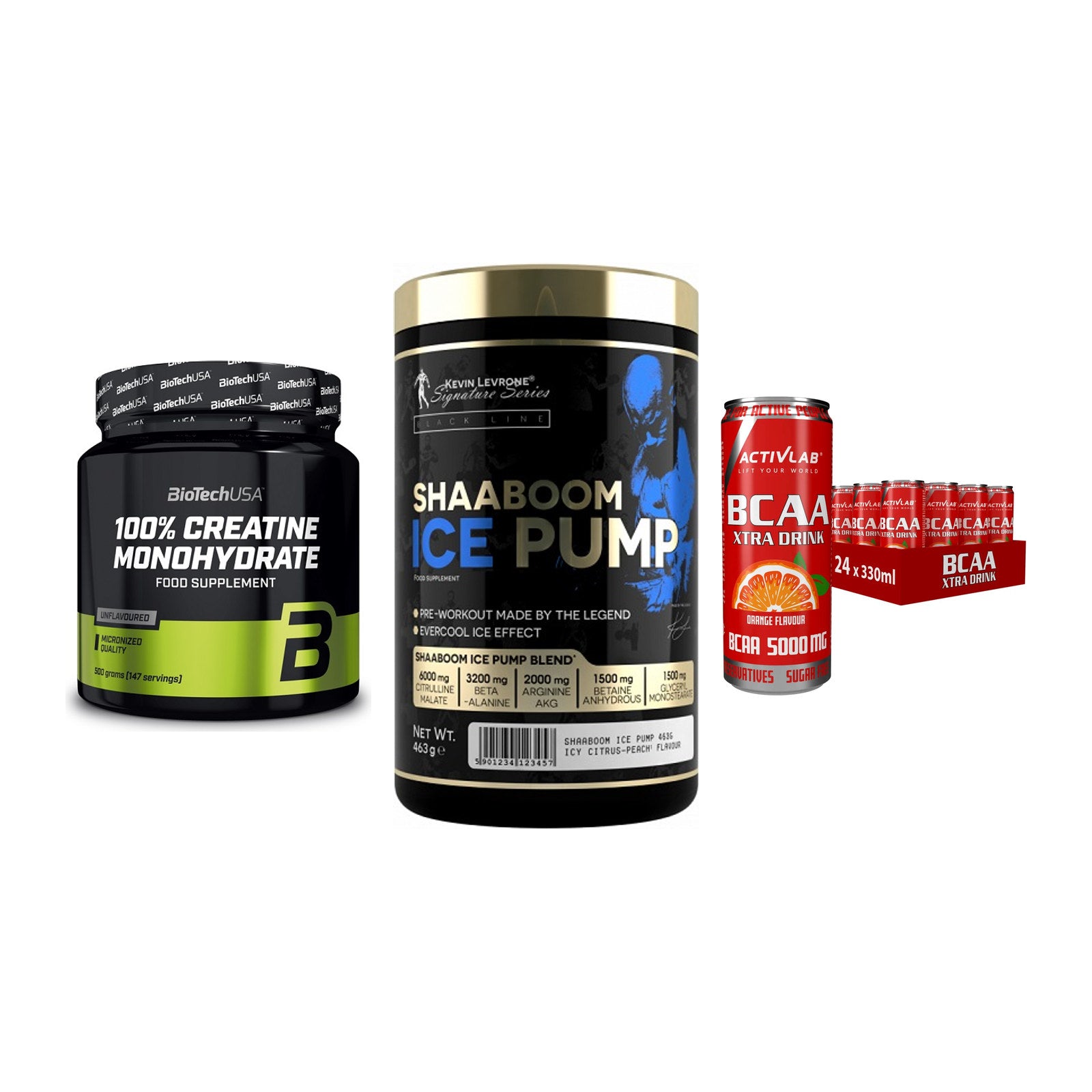 Kraft-Stack: BioTech Creatine + Kevin Levrone + Activlab BCAA – alle enthaltenen Artikel
