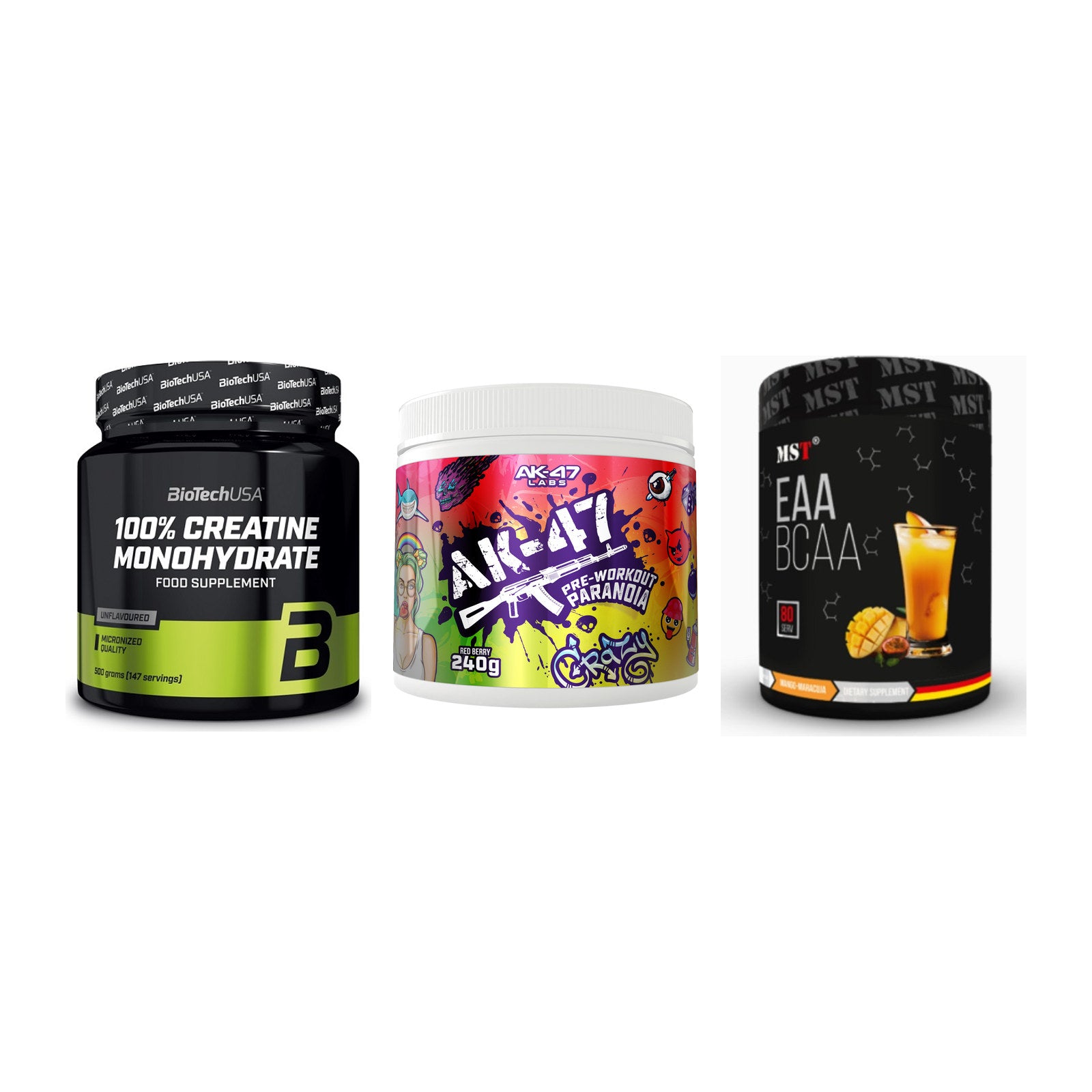 Kraft-Stack: BioTech Creatine + AK47 Labs + MST EAA & BCAA – alle enthaltenen Artikel