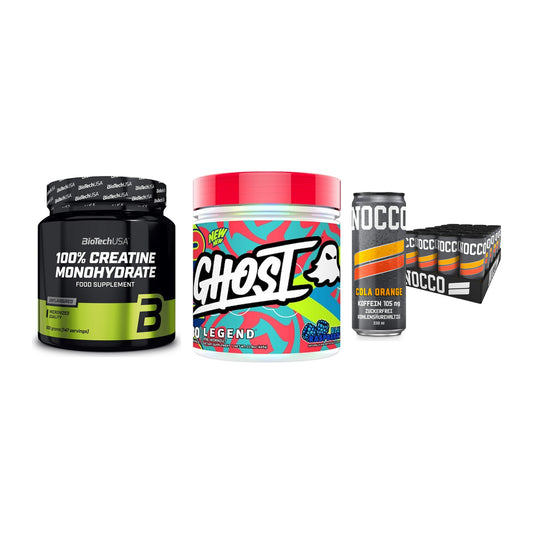 Kraft-Stack: BioTech Creatine + Ghost Legend V4 + Nocco BCAA Drink – alle enthaltenen Artikel
