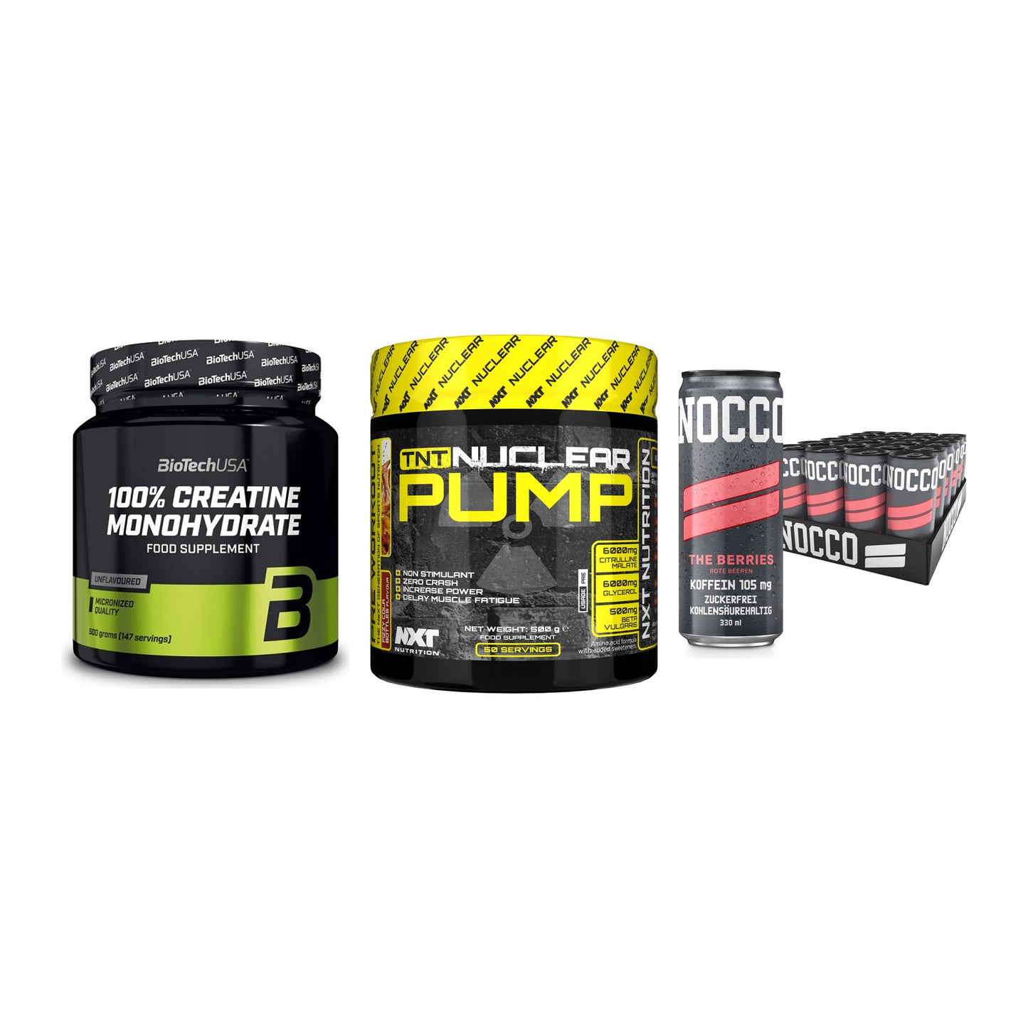 Kraft-Stack: BioTech Creatine + NXT Nutrition TNT + Nocco BCAA Drink – alle enthaltenen Artikel