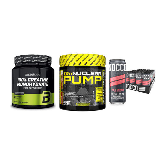 Kraft-Stack: BioTech Creatine + NXT Nutrition TNT + Nocco BCAA Drink – alle enthaltenen Artikel