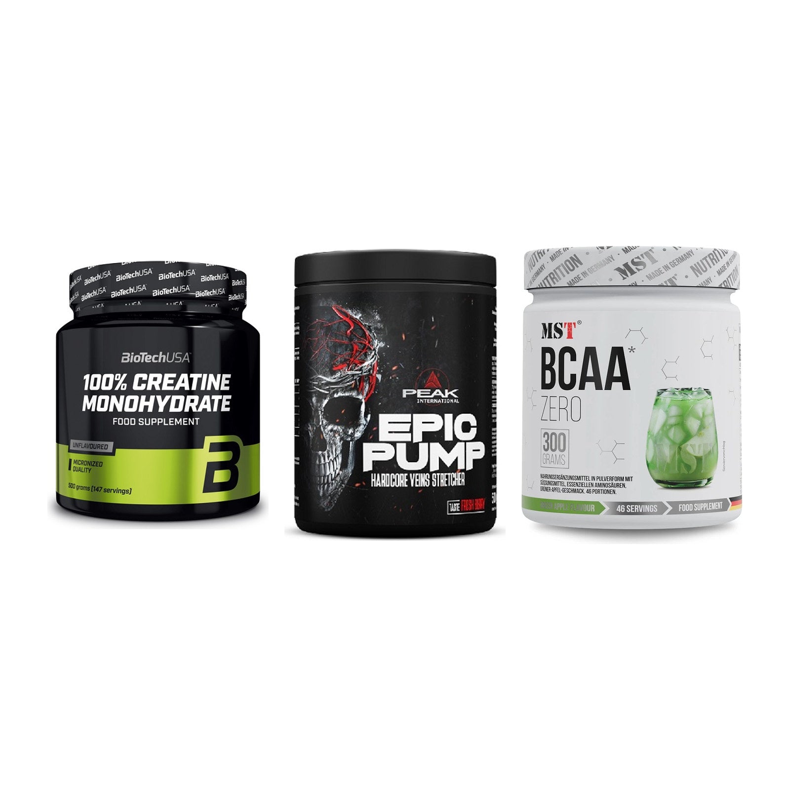 Kraft-Stack: BioTech Creatine + Peak EPIC Pump + MST BCAA Zero – alle enthaltenen Artikel