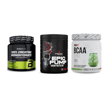 Kraft-Stack: BioTech Creatine + Peak EPIC Pump + MST BCAA Zero – alle enthaltenen Artikel