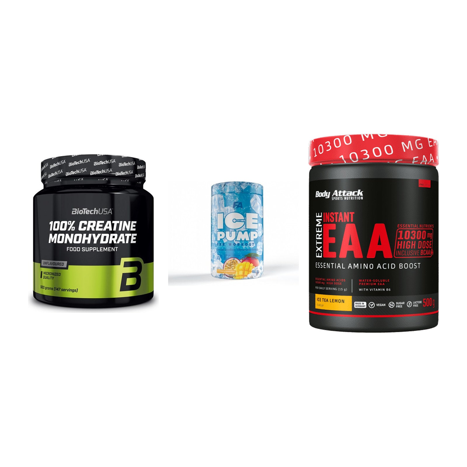 Kraft-Stack: BioTech Creatine + FA Nutrition ICE + Body Attack – alle enthaltenen Artikel