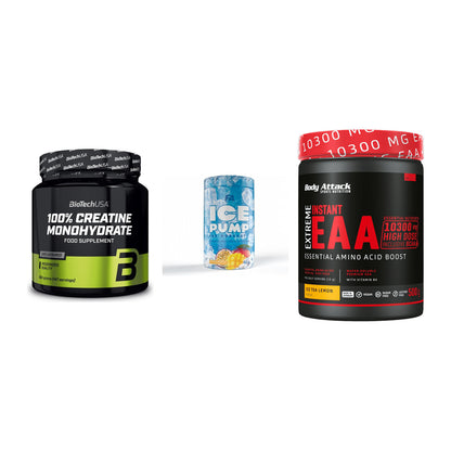 Kraft-Stack: BioTech Creatine + FA Nutrition ICE + Body Attack – alle enthaltenen Artikel