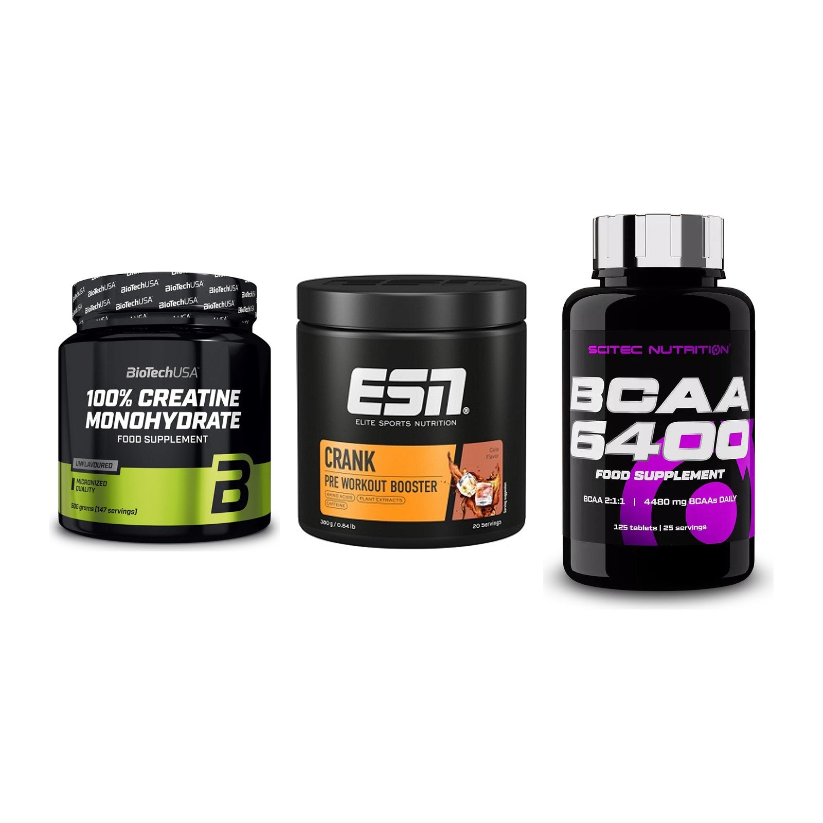Kraft-Stack: BioTech Creatine + ESN Crank Booster + Scitec BCAA 6400 – alle enthaltenen Artikel