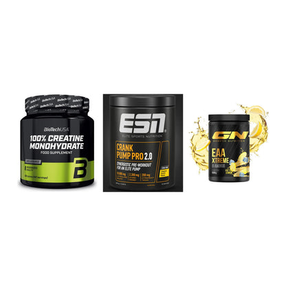 Kraft-Stack: BioTech Creatine + ESN Crank Pump + GN EAA Xtreme – alle enthaltenen Artikel
