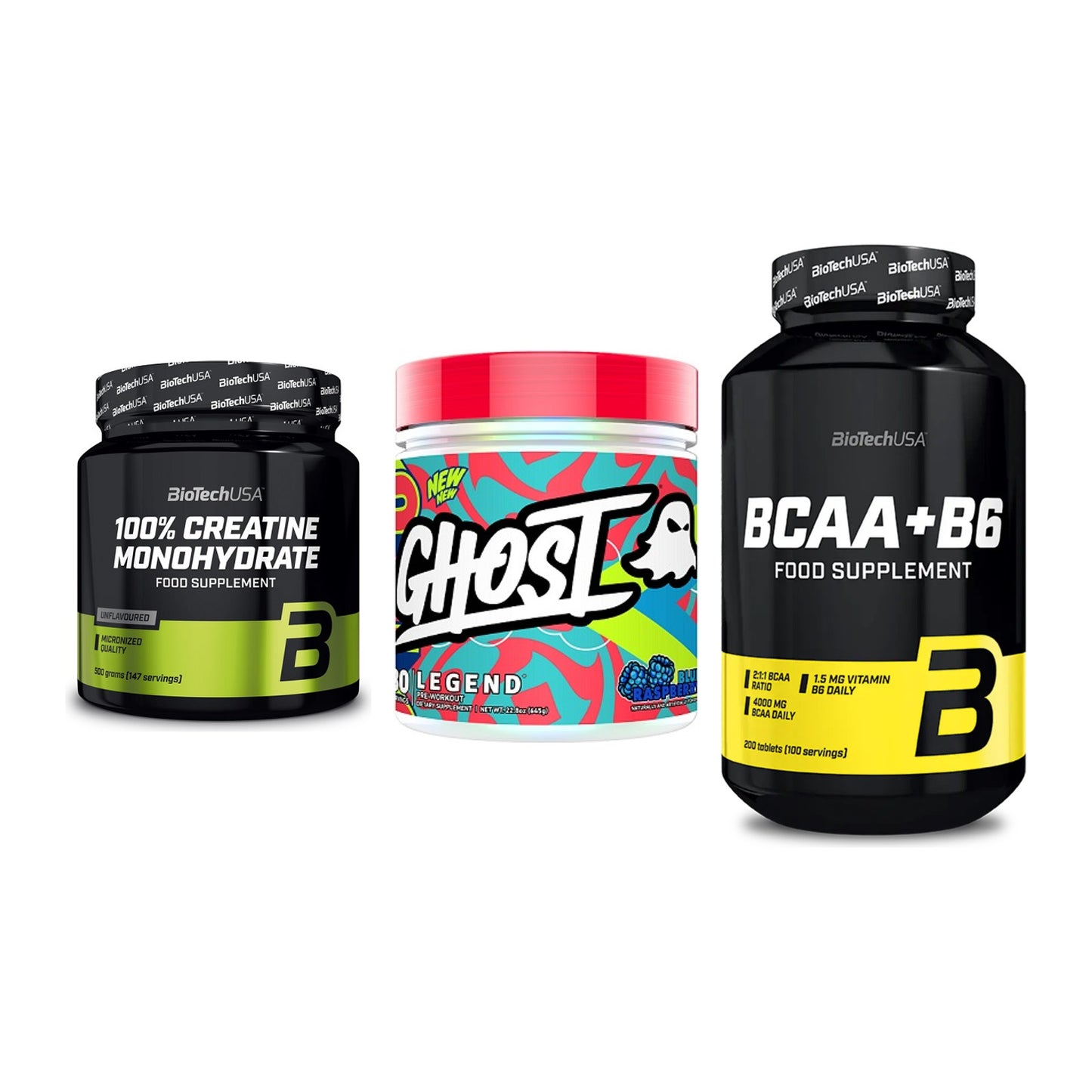 Kraft-Stack: BioTech Creatine + Ghost Legend V4 + BioTech BCAA+B6 – alle enthaltenen Artikel
