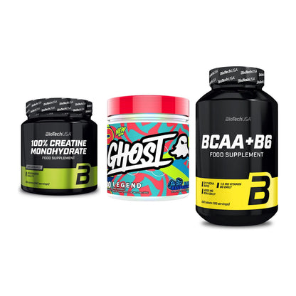 Kraft-Stack: BioTech Creatine + Ghost Legend V4 + BioTech BCAA+B6 – alle enthaltenen Artikel