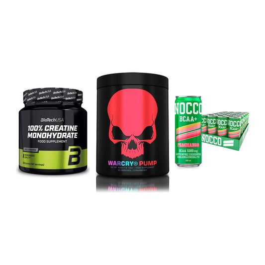 Kraft-Stack: BioTech Creatine + Genius Nutrition + Nocco BCAA Drink – alle enthaltenen Artikel