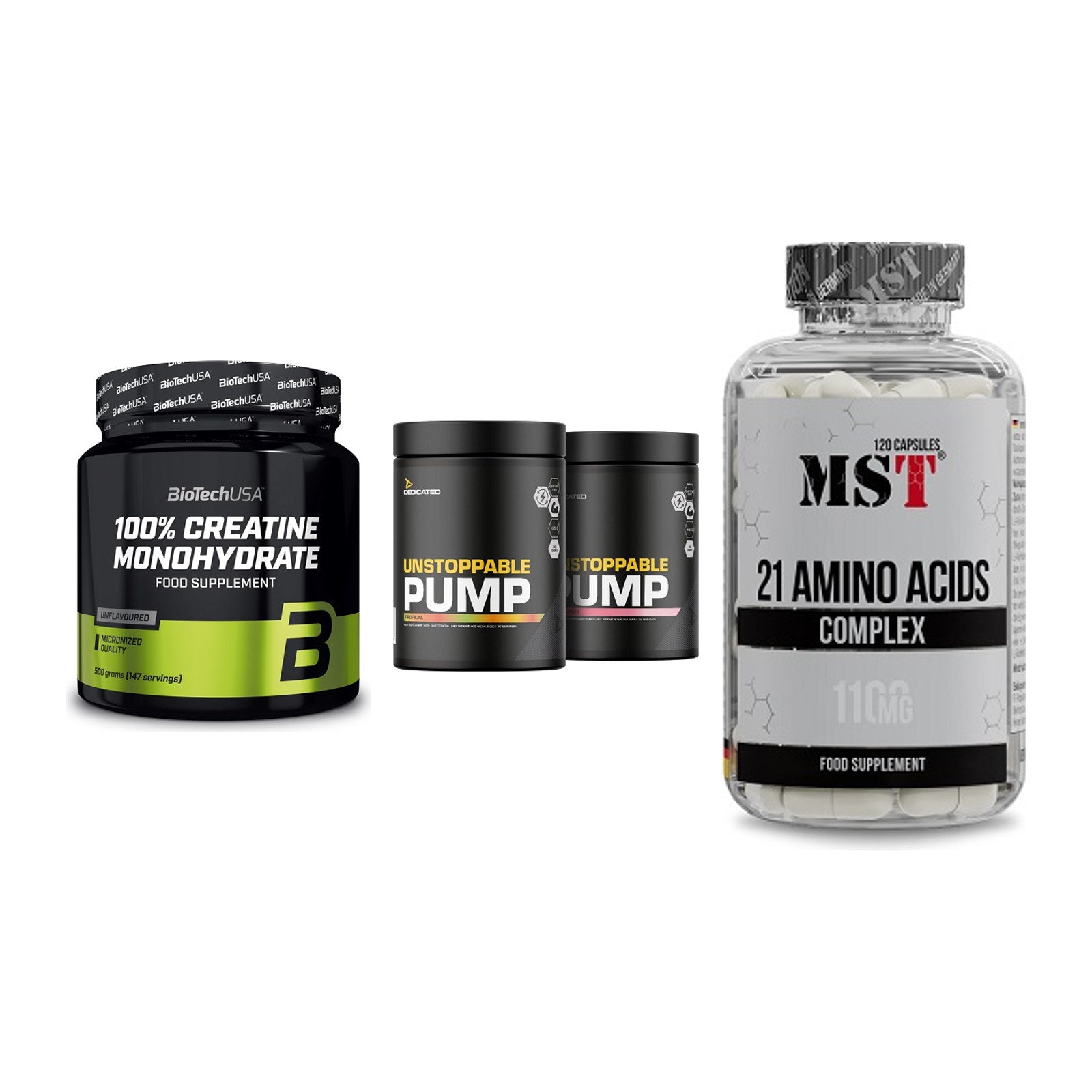 Kraft-Stack: BioTech Creatine + Dedicated + MST 21 Amino – alle enthaltenen Artikel