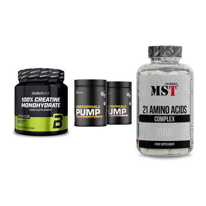 Kraft-Stack: BioTech Creatine + Dedicated + MST 21 Amino – alle enthaltenen Artikel