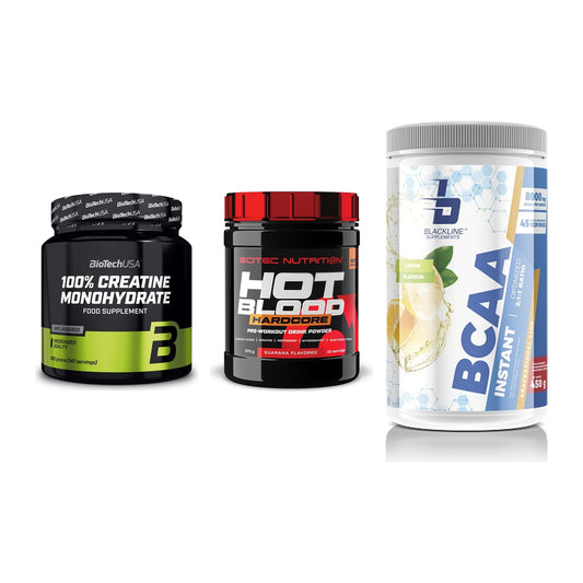 Kraft-Stack: BioTech Creatine + Scitec Hot Blood + Blackline – alle enthaltenen Artikel